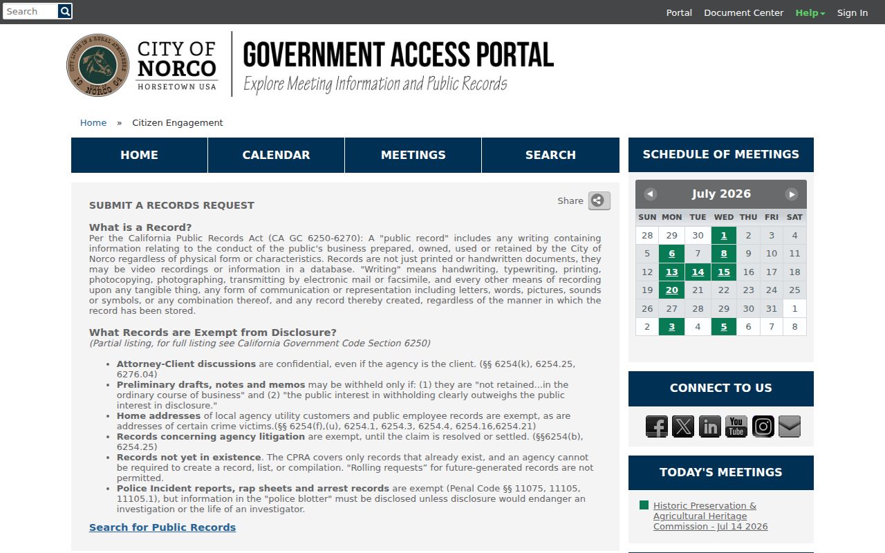 Norco people search public records request in CivicWeb