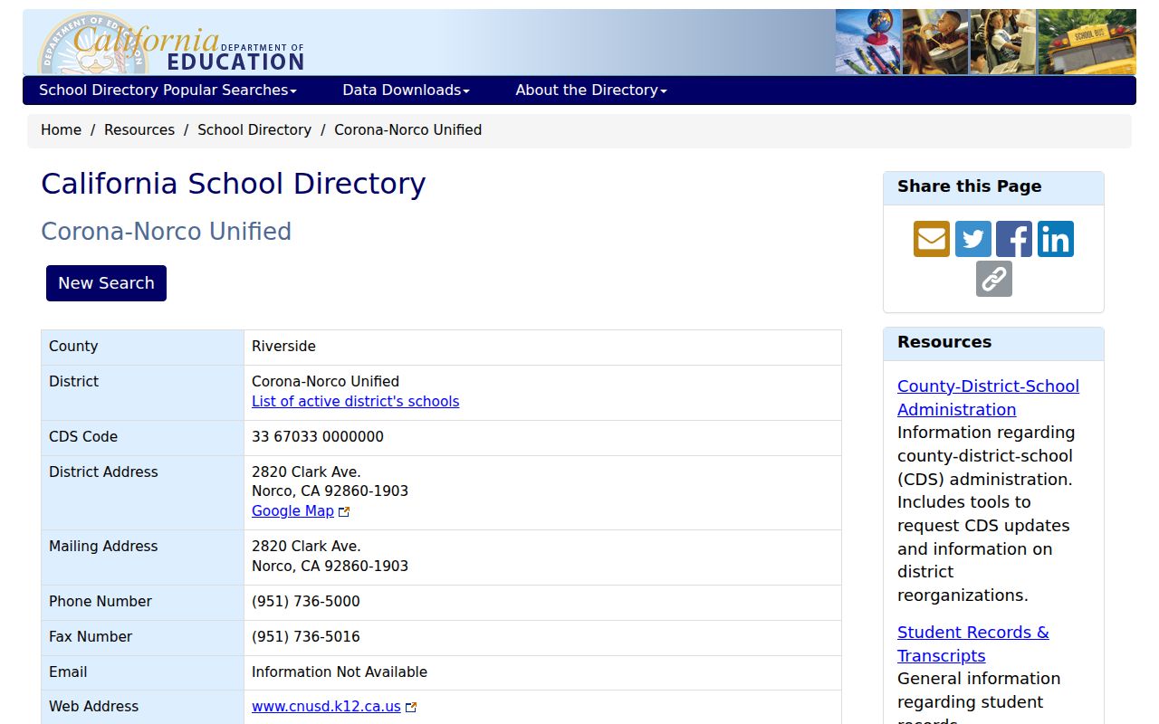 Norco people directories screenshot of the California education directory