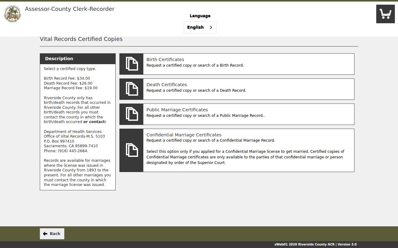 Norco vital records certificate choices in the Riverside ACR portal