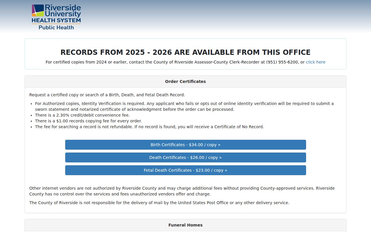 Norco vital records request options in Riverside Public Health eVitals