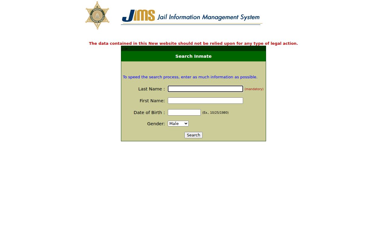 Norco custody records lookup fields in Riverside Sheriff JIMS